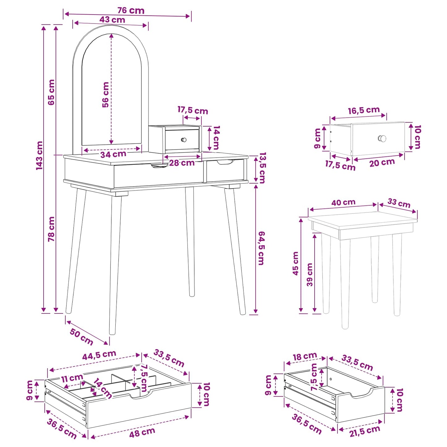 Sminkebordsett FAUSKE 4 pcs Hvit 76 x 50 x 143 cm
