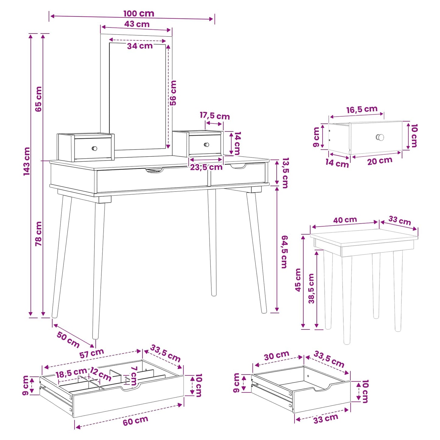 Sminkebordsett FAUSKE 5 pcs Hvit 100 x 50 x 143 cm