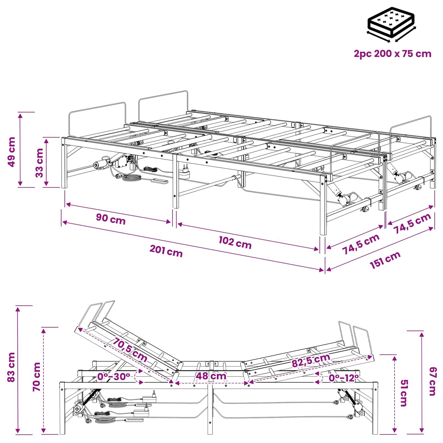 Elektrisk Justerbar Seng Ramme Svart 150 x 200 cm Stål
