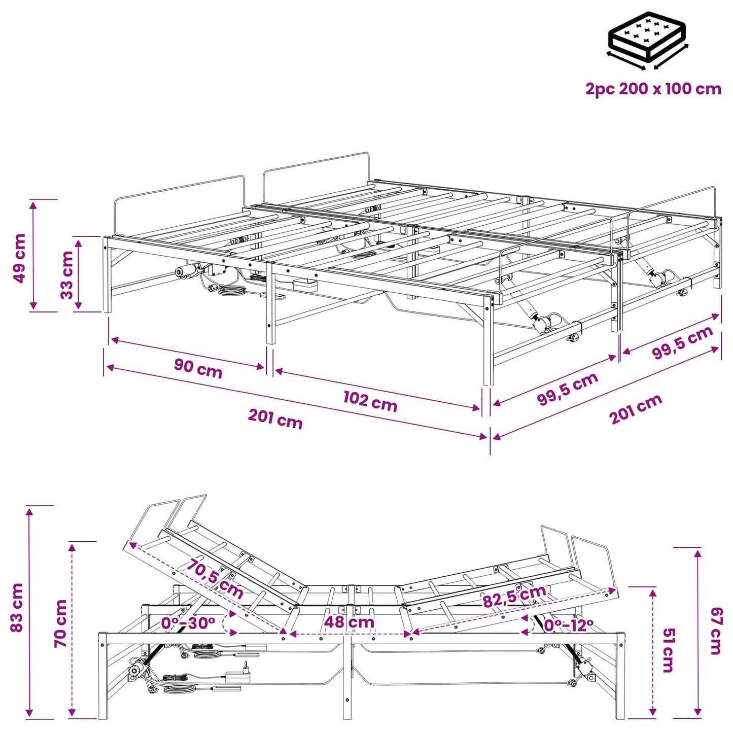 Elektrisk Justerbar Seng Ramme Svart 200 x 200 cm Stål