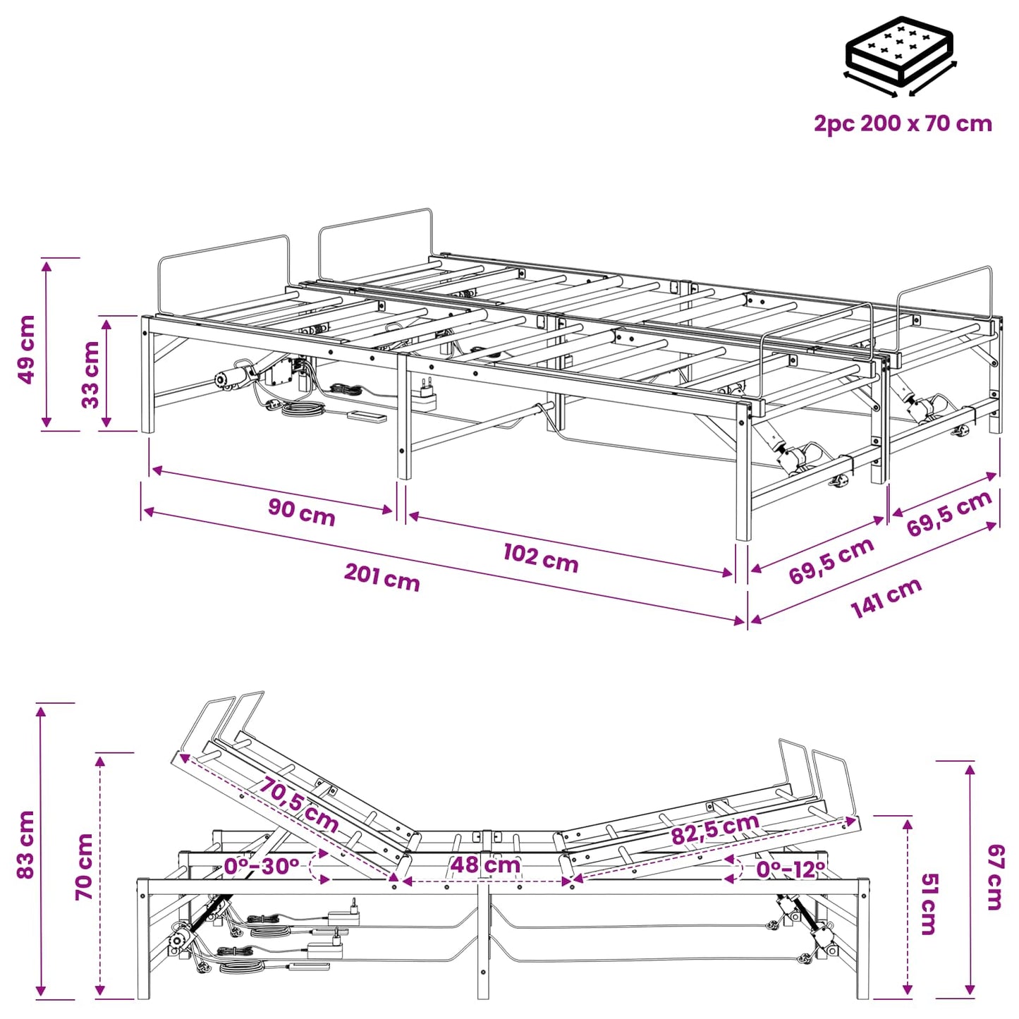 Elektrisk Justerbar Seng Ramme Hvit 140 x 200 cm Stål