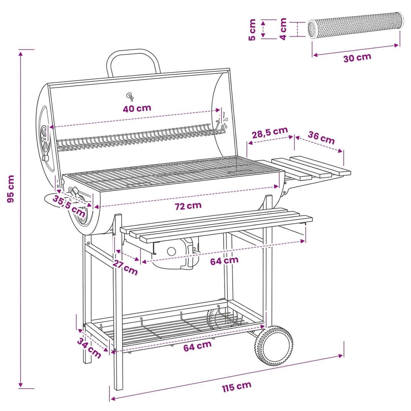 Tønnegrill med hjul og hyller 3 stk. 115 x 85 x 95 cm Metall