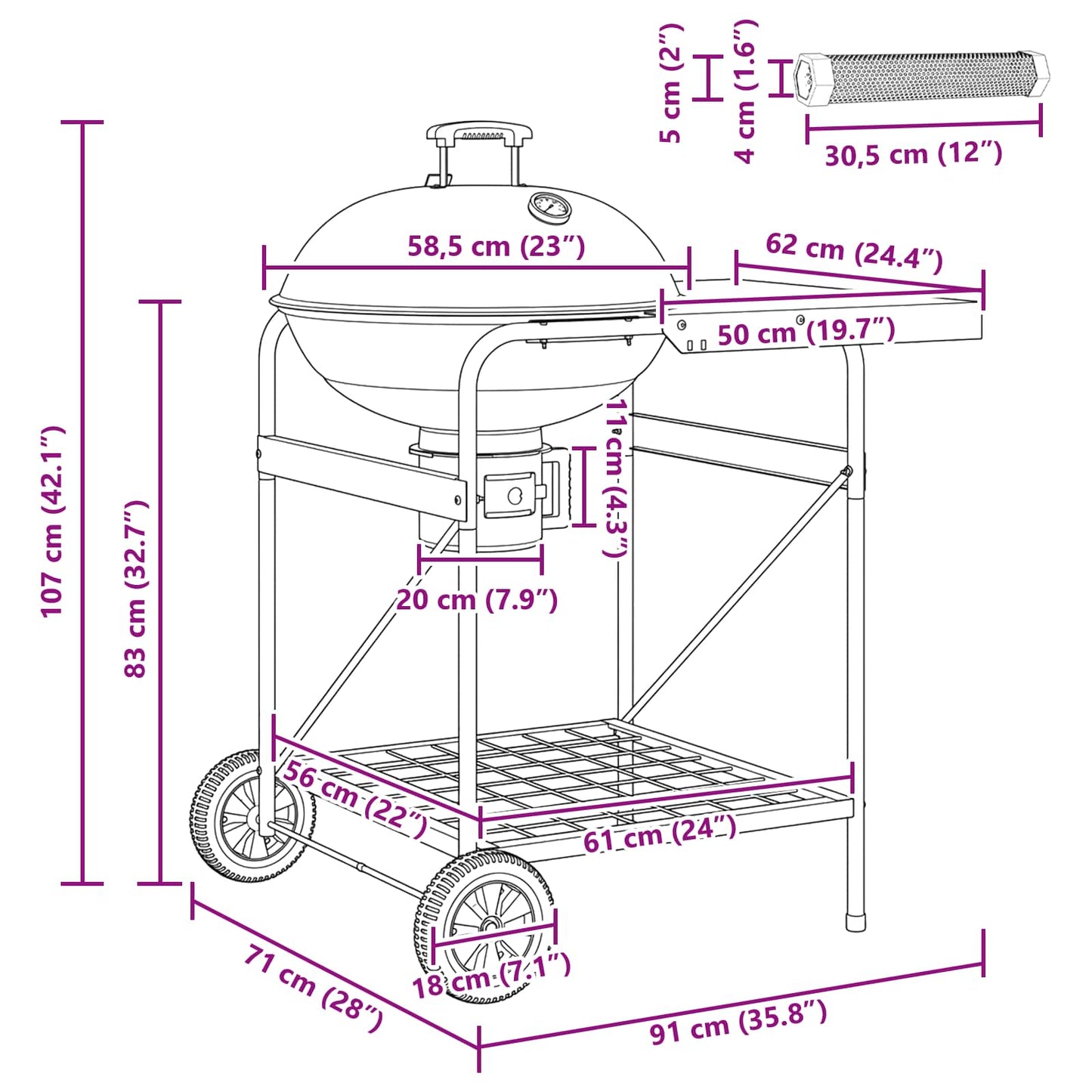 Kullgrill med røyketuber 91 x 71 x 107 cm Stål Svart