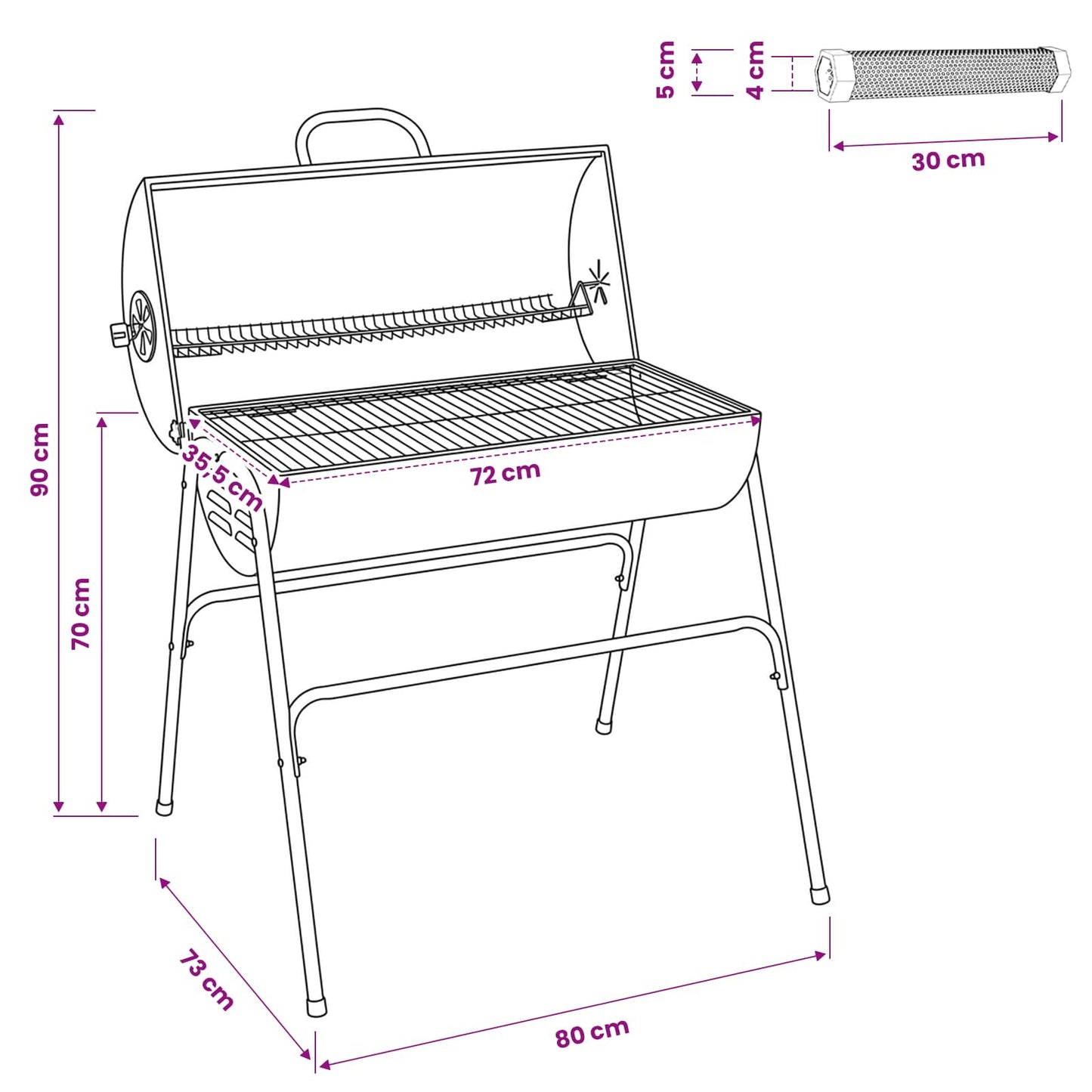 Tønnegrill med 2 Stekerister 3 stk. 80 x 73 x 90 cm Metall