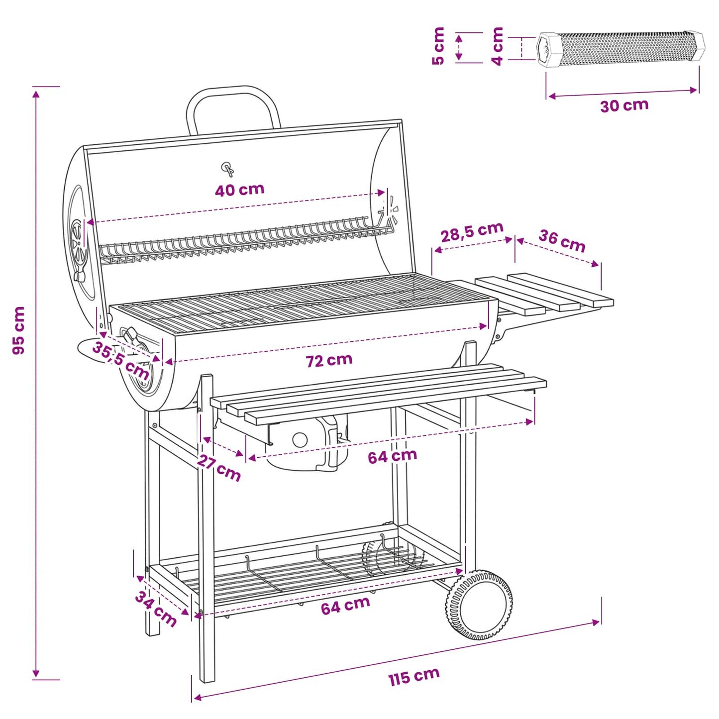 Tønnegrill med hjul og hyller 3 stk. 115 x 85 x 95 cm Metall