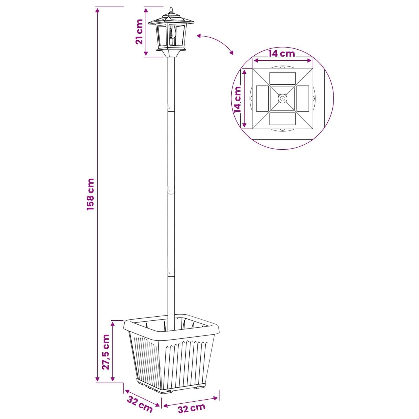 Solcellelampe med plantekasse Svart 32 x 32 x 158 cm
