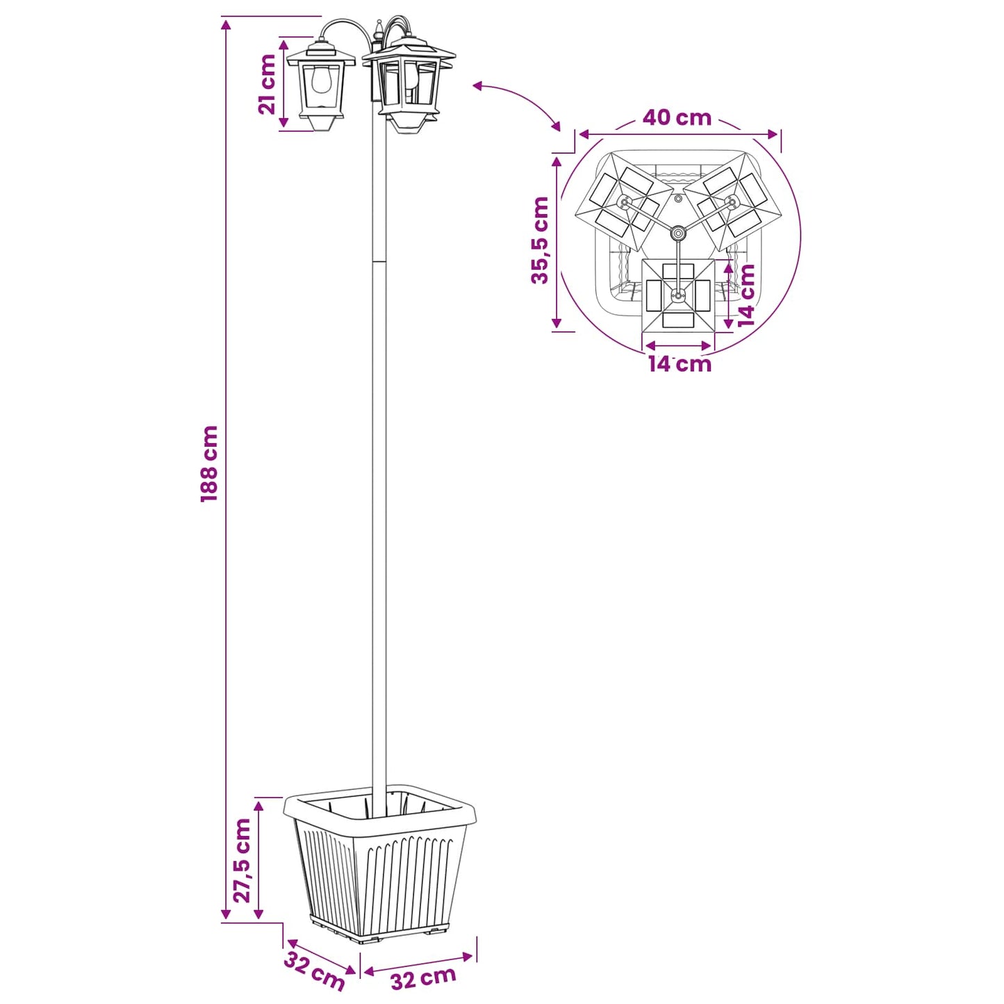 3-hodet lampepost med plantekasse Svart 32 x 32 x 188 cm