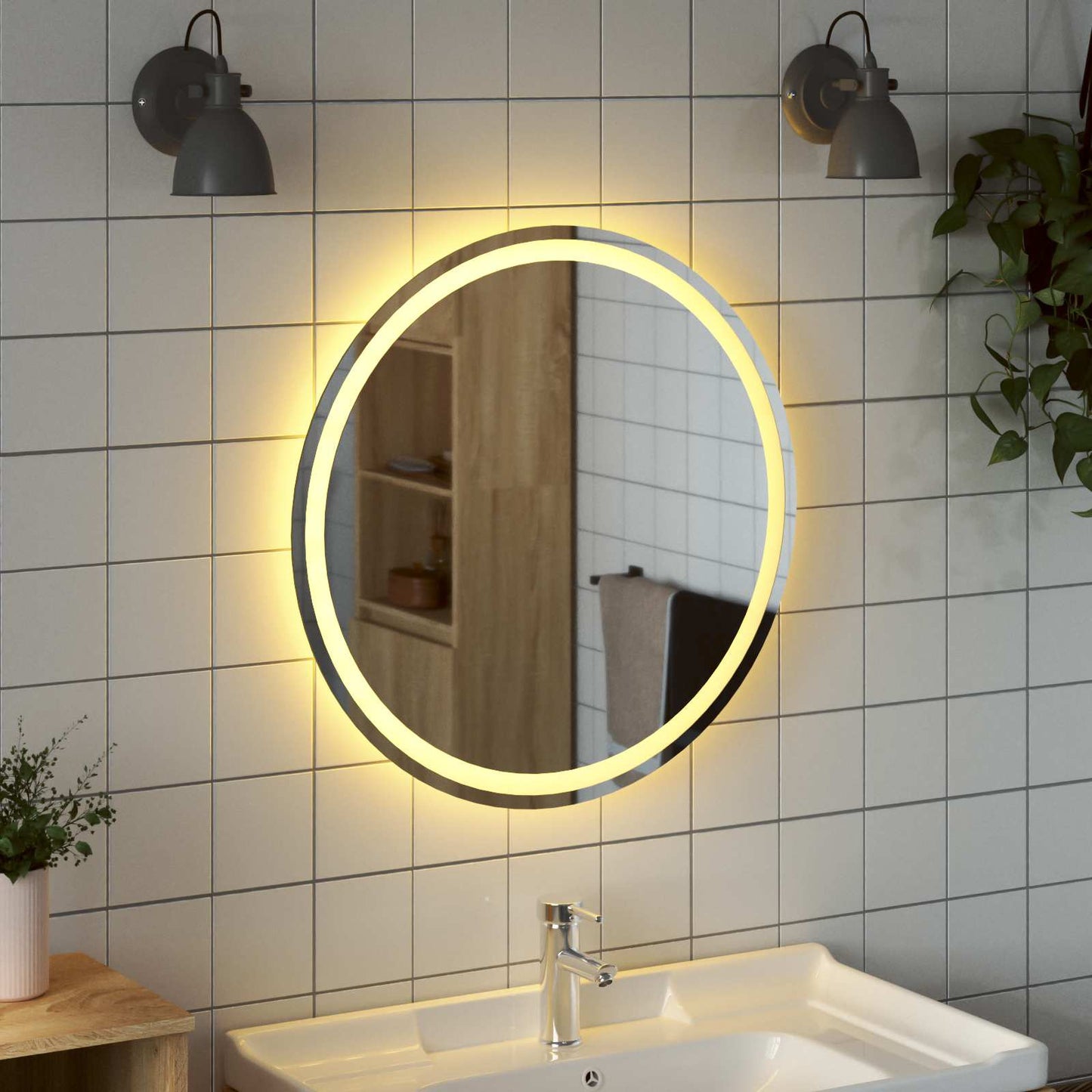 LED Badevindu med speil Gjennomsiktig Ø 70 cm herdet glass