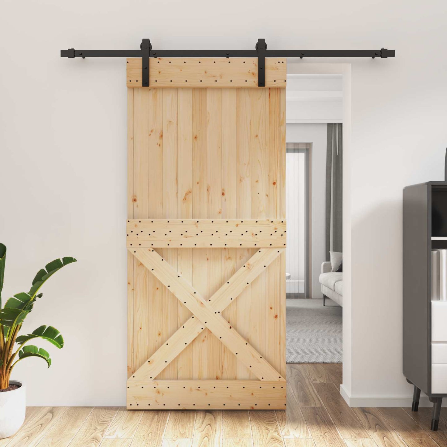 Skyvedør Naturlig og svart 95 x 210 cm Massiv Furu Tre