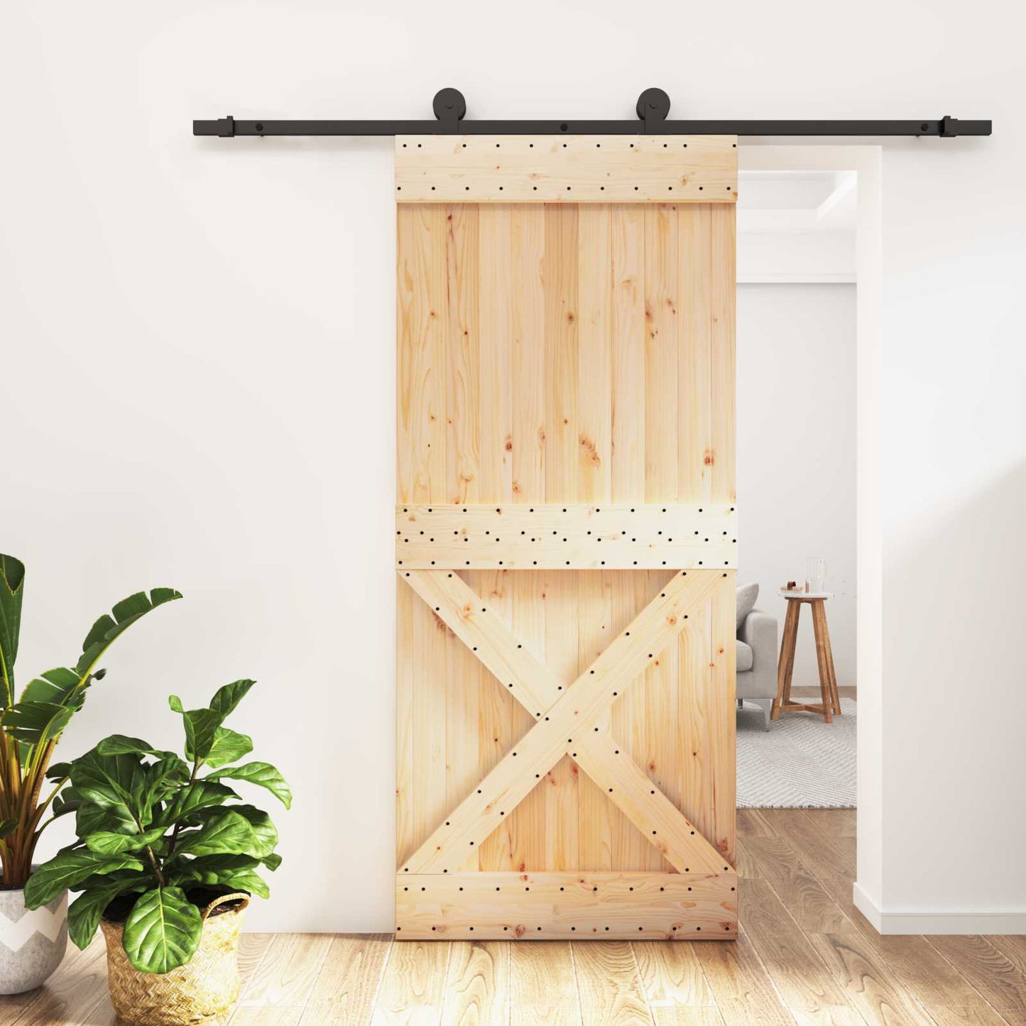Skyvedør Naturlig og svart 90 x 210 cm Massiv Furu Tre