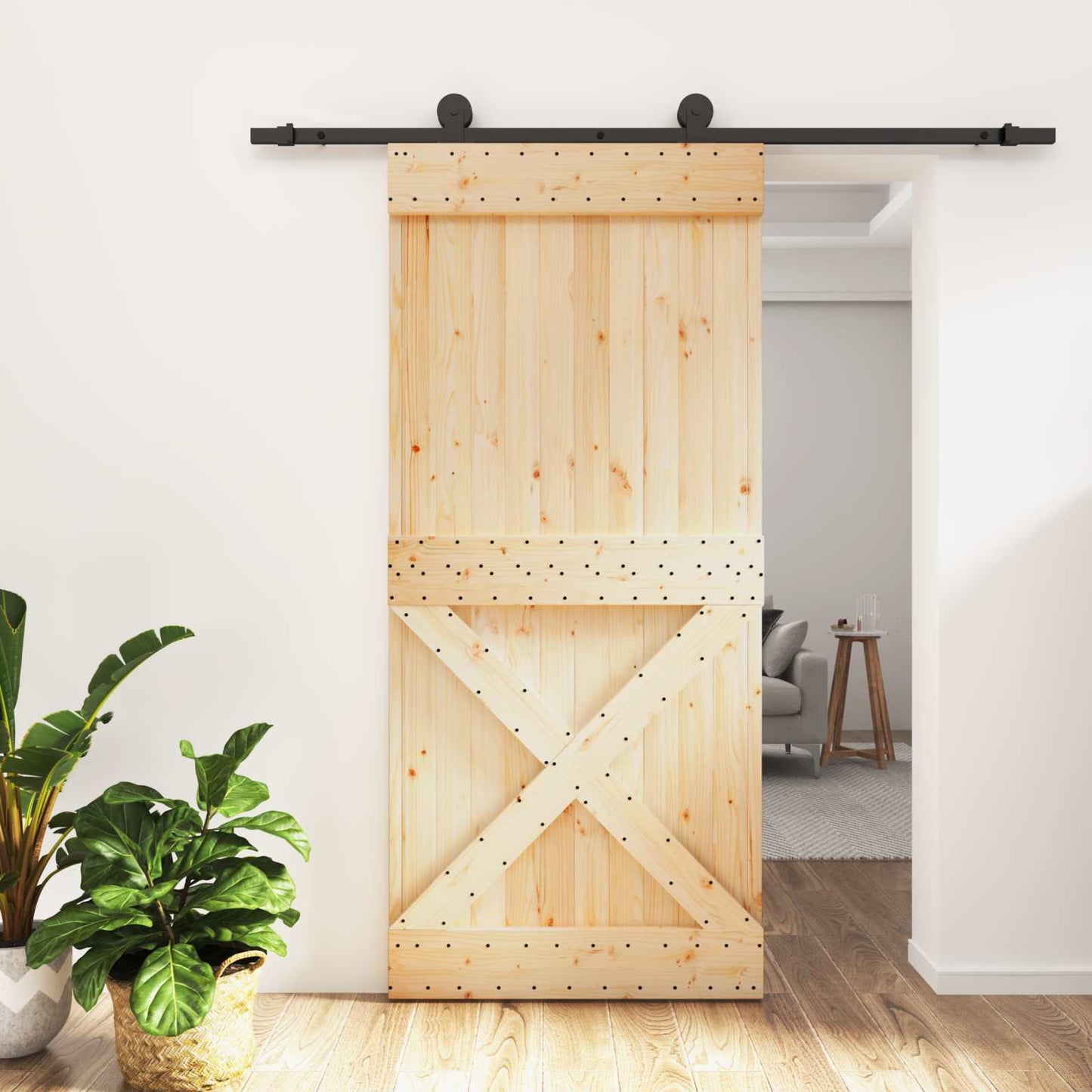 Skyvedør Naturlig og svart 95 x 210 cm Massiv Furu Tre