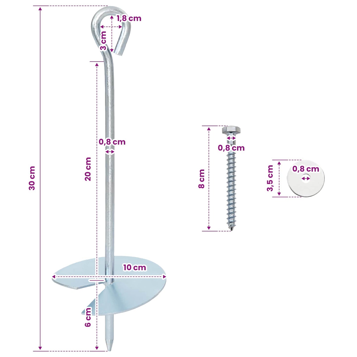 Jordanker 10 pcs Sølv Ø10 x 30 cm Galvanisert metall
