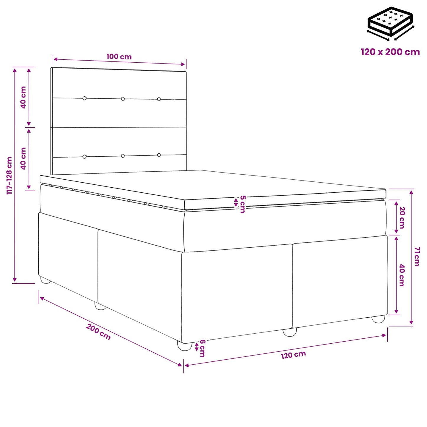 LED boksseng med madrass Rosa 120 x 200 cm Fløyel