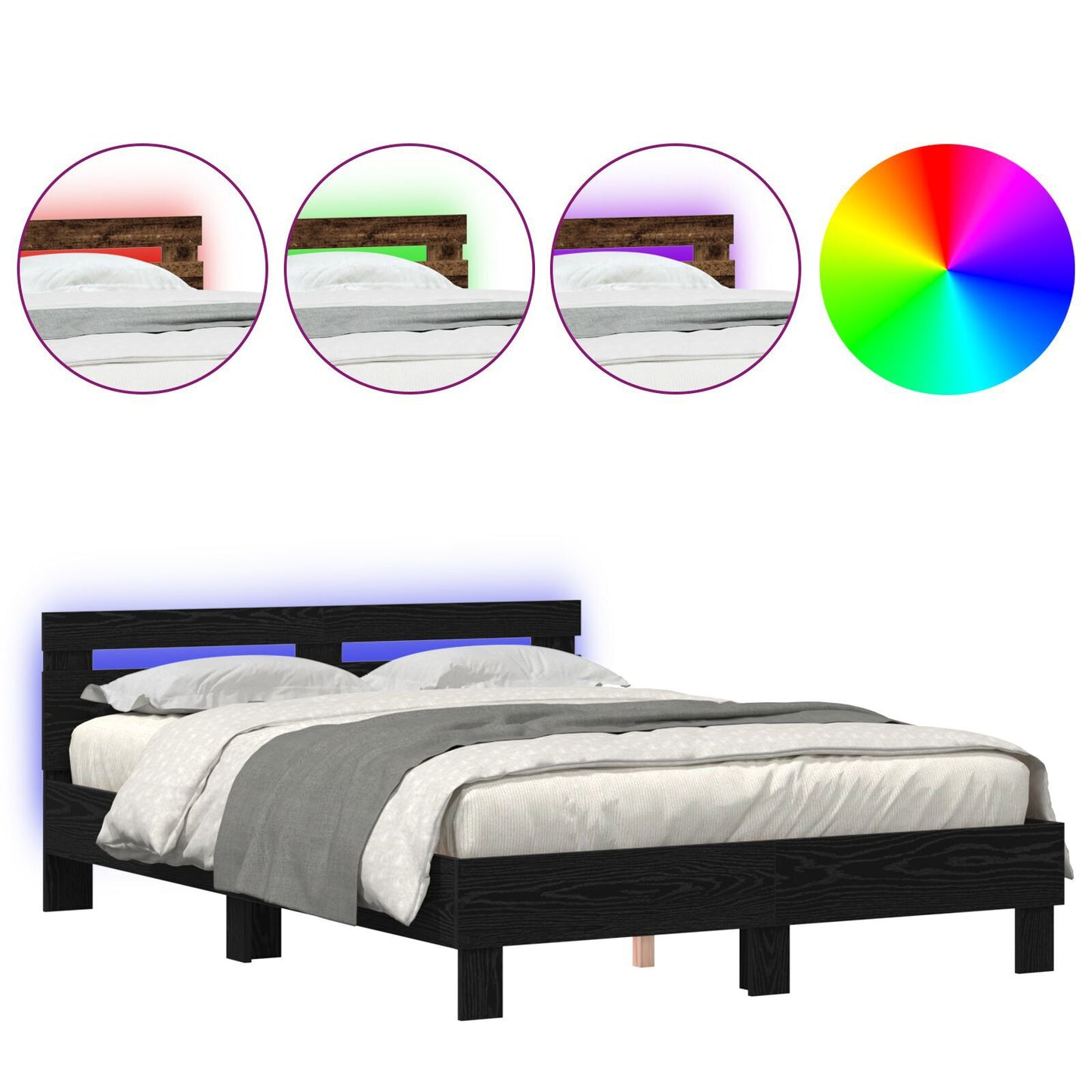 Sengestamme med LED Svart Eik 150 x 200 cm Konstruert tre