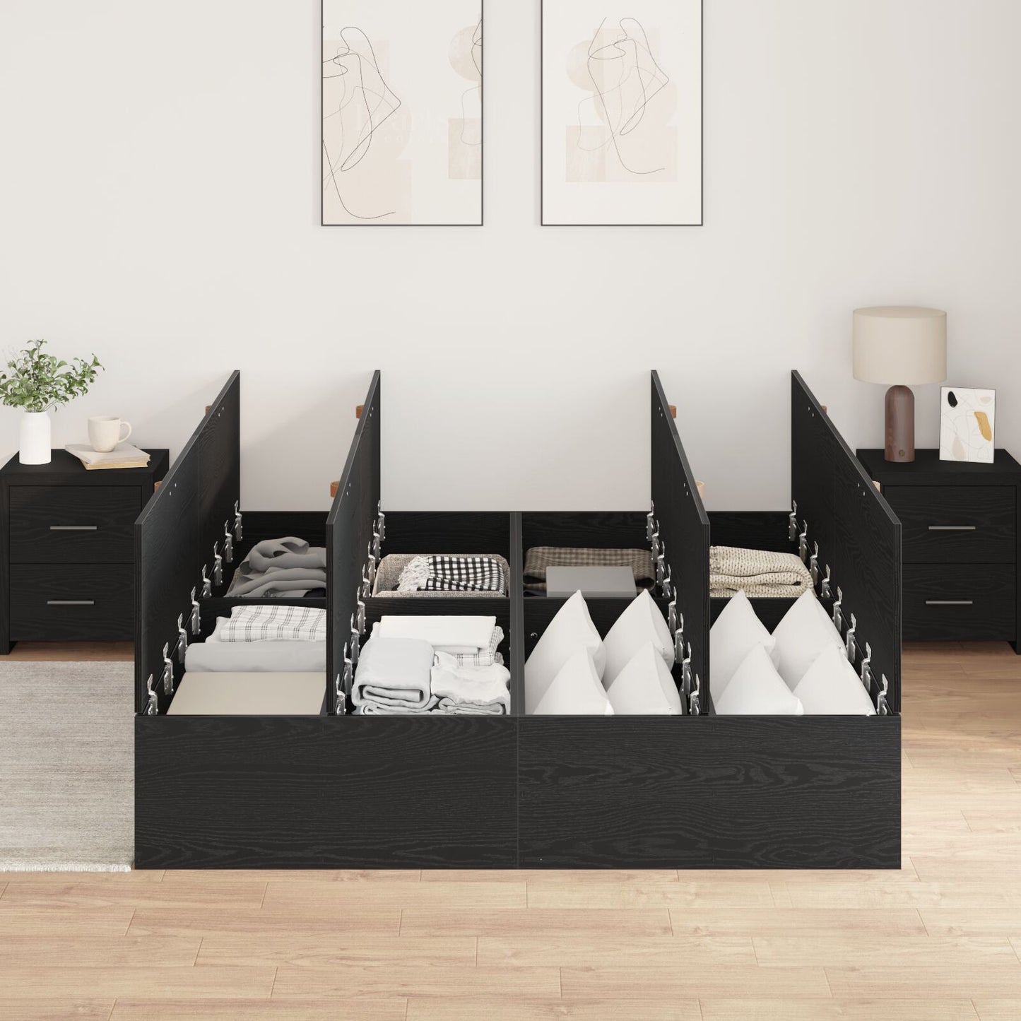 Seng med lagring Svart Eik 150 x 200 cm Konstruert tre