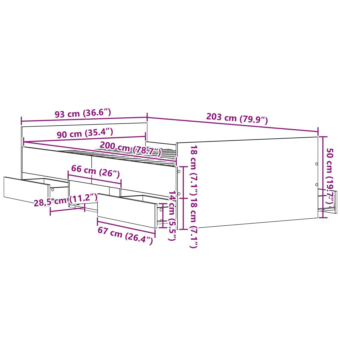 Sengestamme med skuff Svart Eik 203 x 93 x 50 cm Konstruert tre