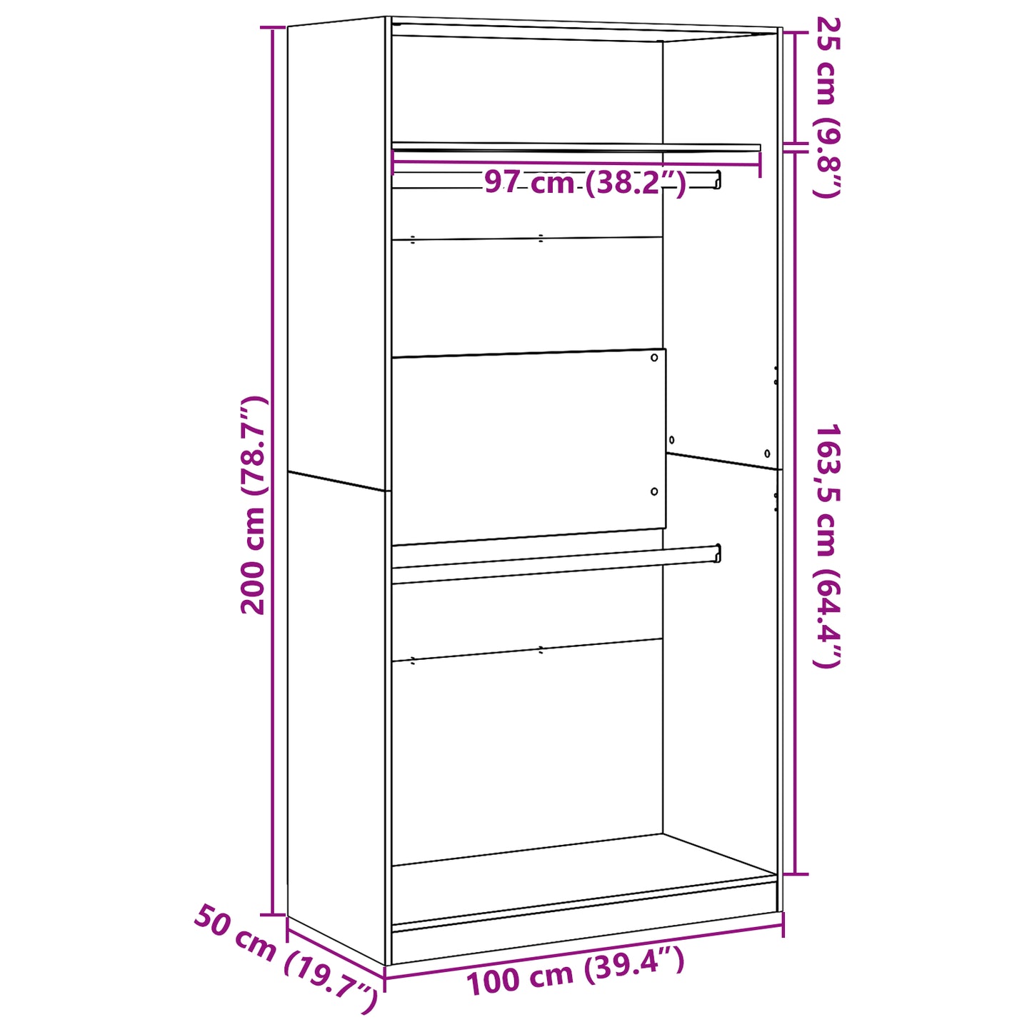 Garderobeskap Svart Eik 100 x 50 x 200 cm Konstruert tre
