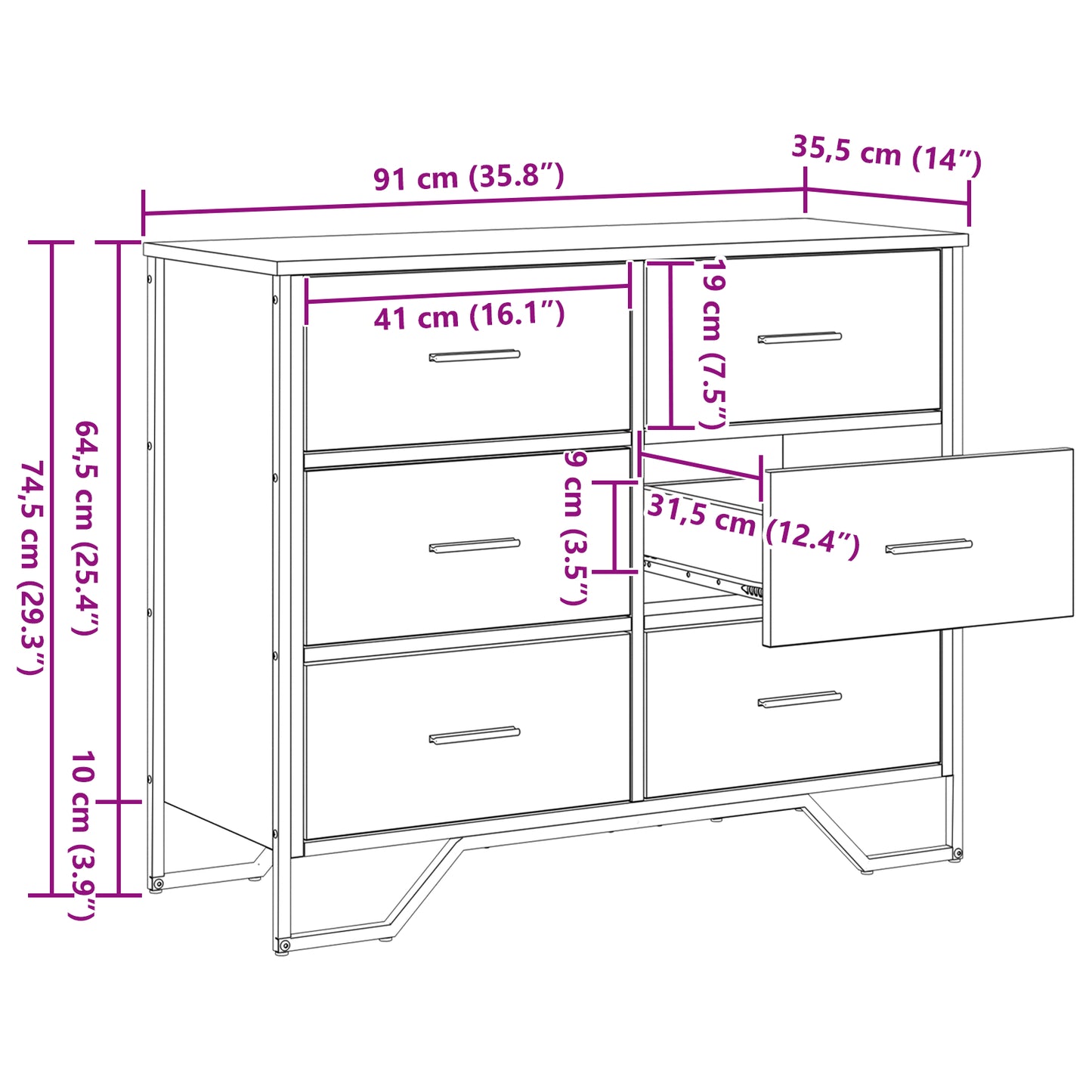 Kommode 6-Skuff Gammelt tre 91 x 35,5 x 74,5 cm