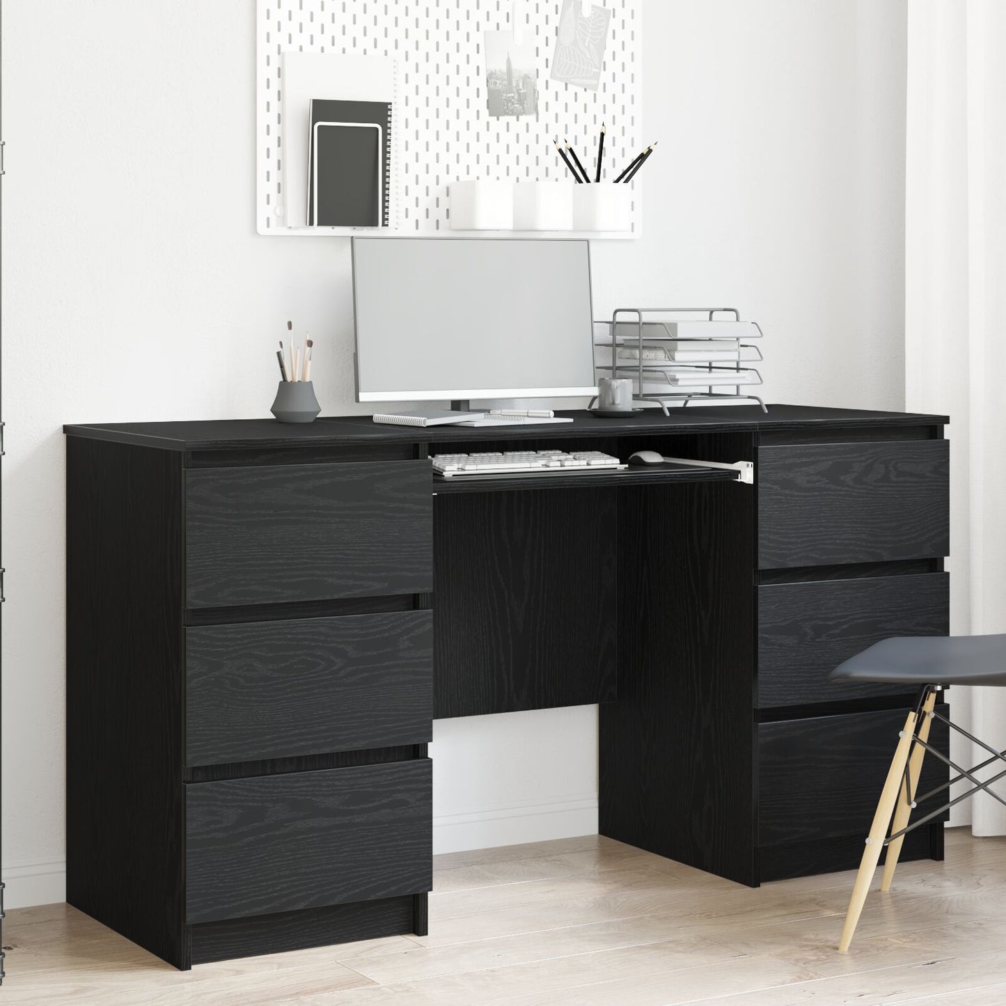 Skrivebord med skuff Svart Eik 140 x 50 x 76 cm Konstruert tre