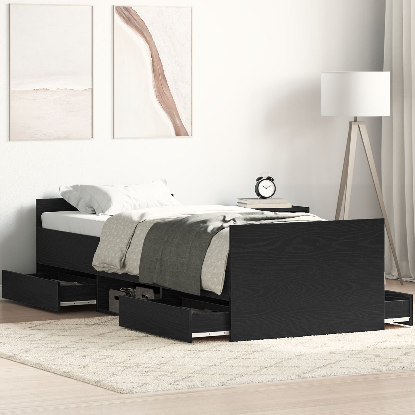 Sengestamme med skuff Svart Eik 193 x 78 x 50 cm Konstruert tre