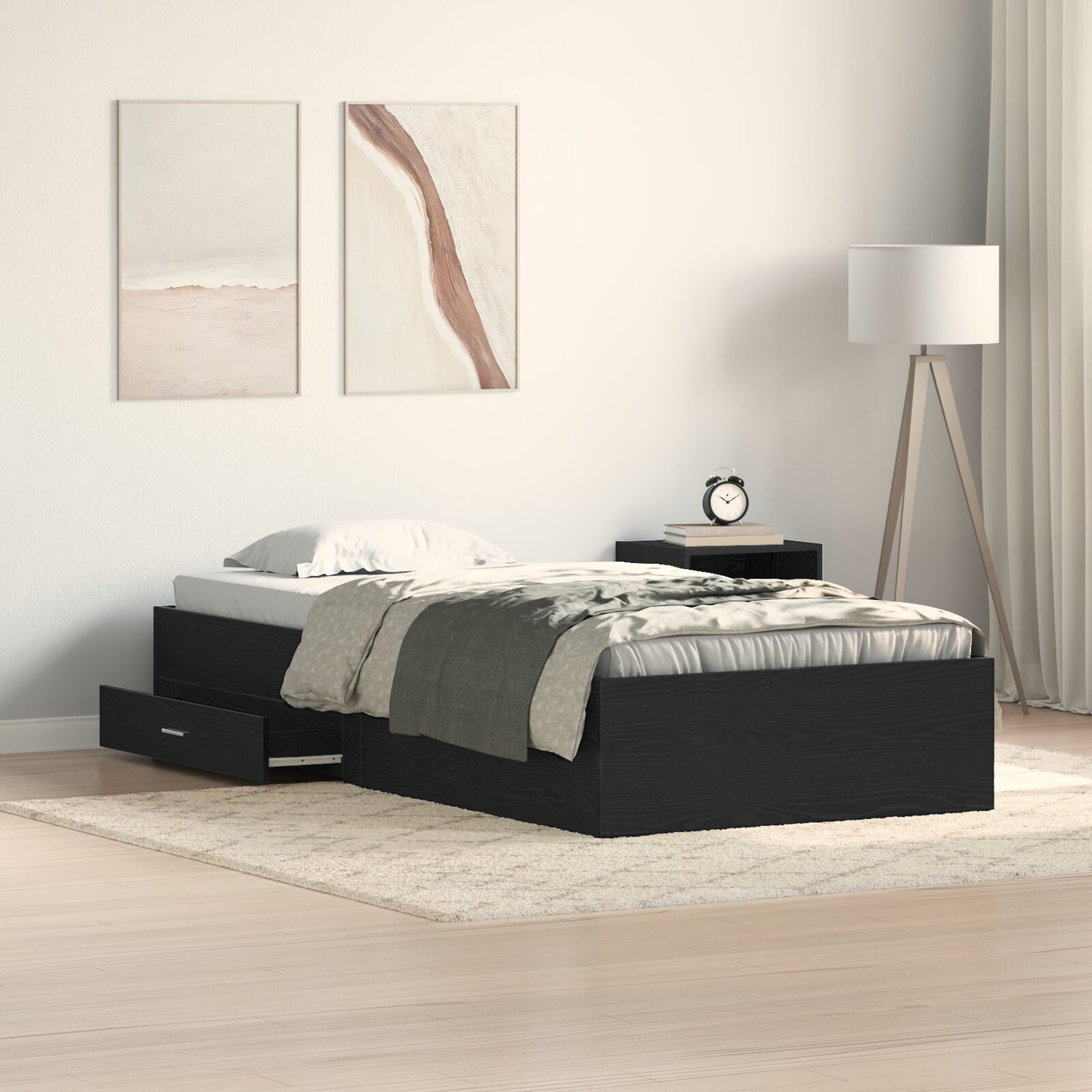 Sengestamme med skuff Svart Eik 90 x 200 cm Konstruert tre