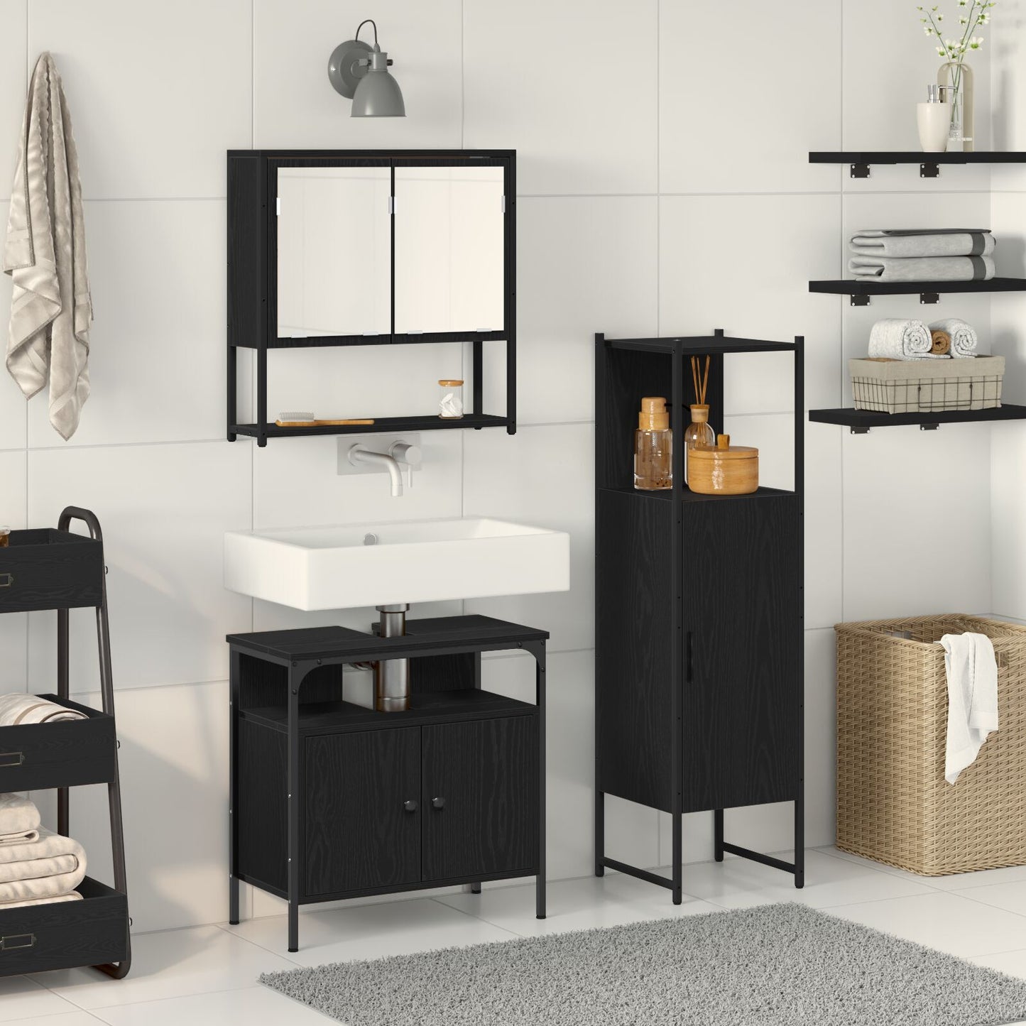 Baderomsinnredningssett med hylle 3 pcs Svart Konstruert tre