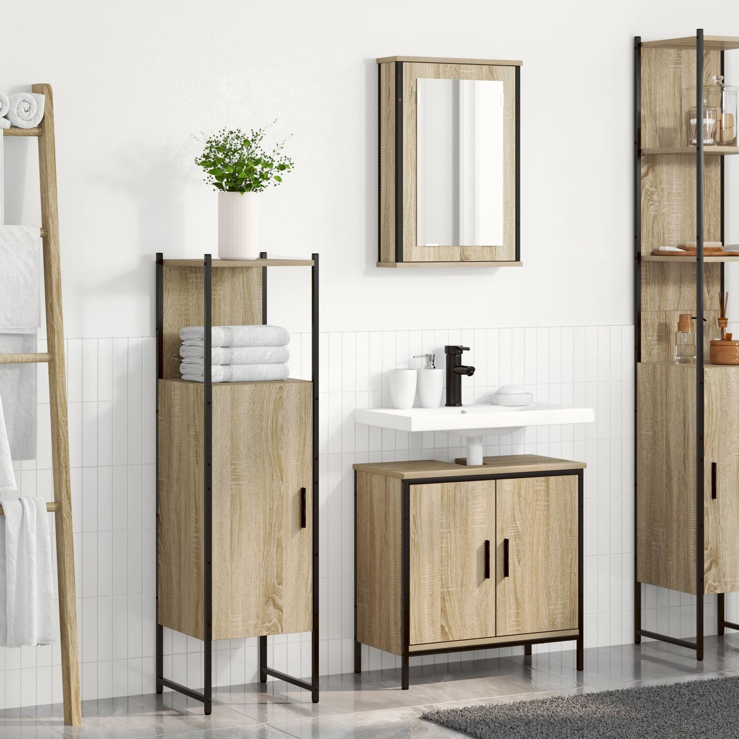 Baderomsinnredningssett med hylle 3 pcs Brun Konstruert tre