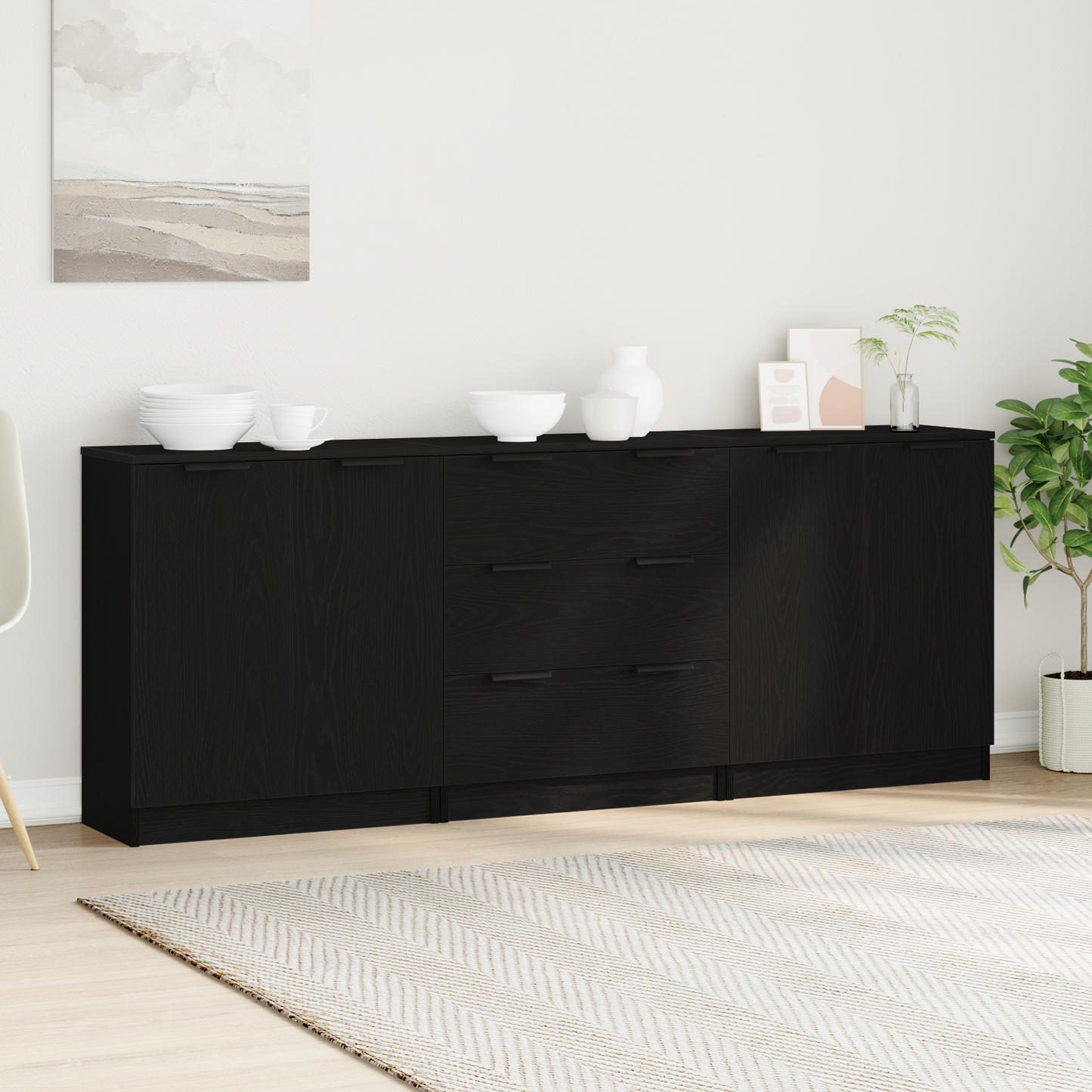 Serviesskap 3 stk. Svart Eik 180 x 30 x 70 cm Konstruert tre