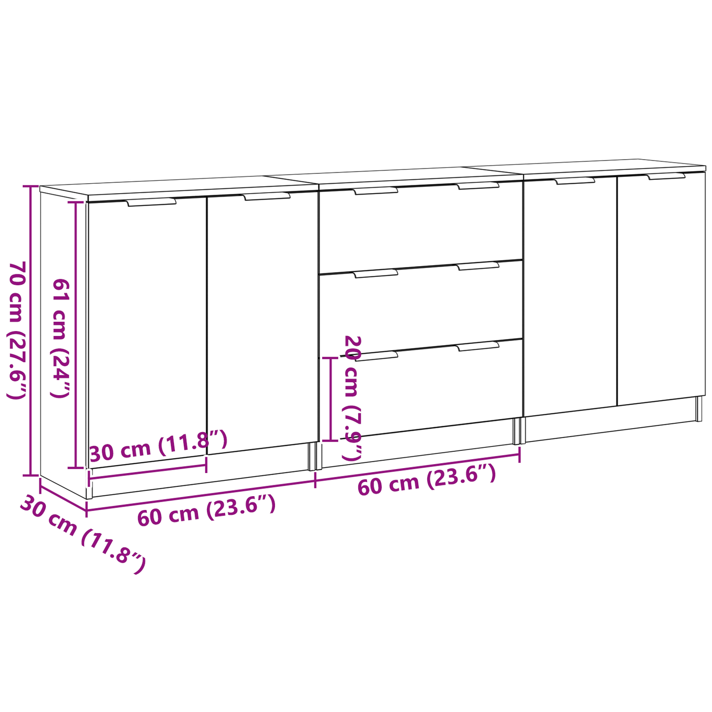 Serviesskap 3 stk. Svart Eik 180 x 30 x 70 cm Konstruert tre