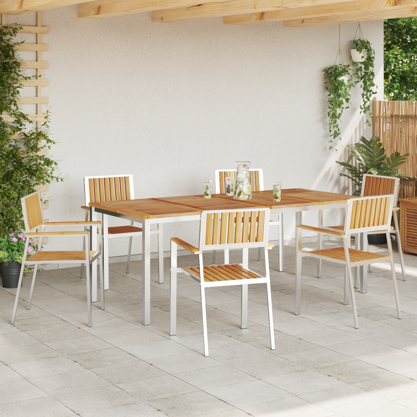 Utendørs spisestue sett 7 pcs Massiv teak og rustfritt stål
