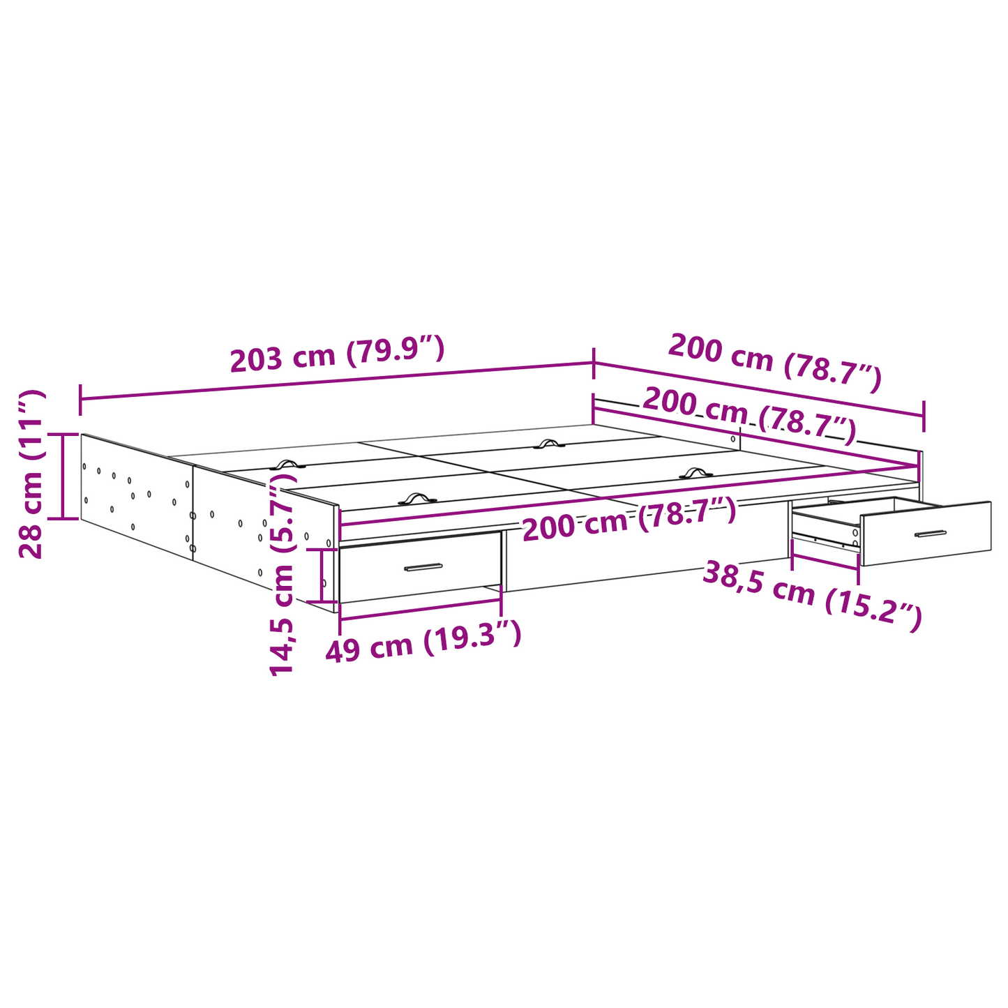 Seng med lagring Svart Eik 200 x 200 cm Konstruert tre