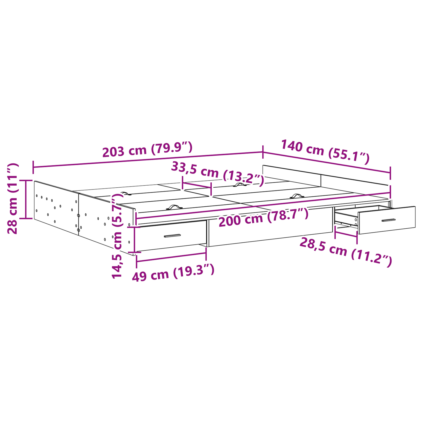 Seng med lagring Betonggrå 140 x 200 cm Konstruert tre