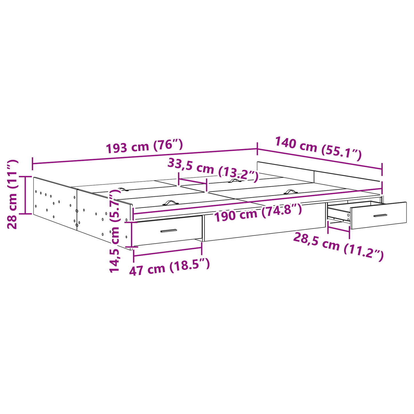 Seng med lagring Svart Eik 140 x 190 cm Konstruert tre