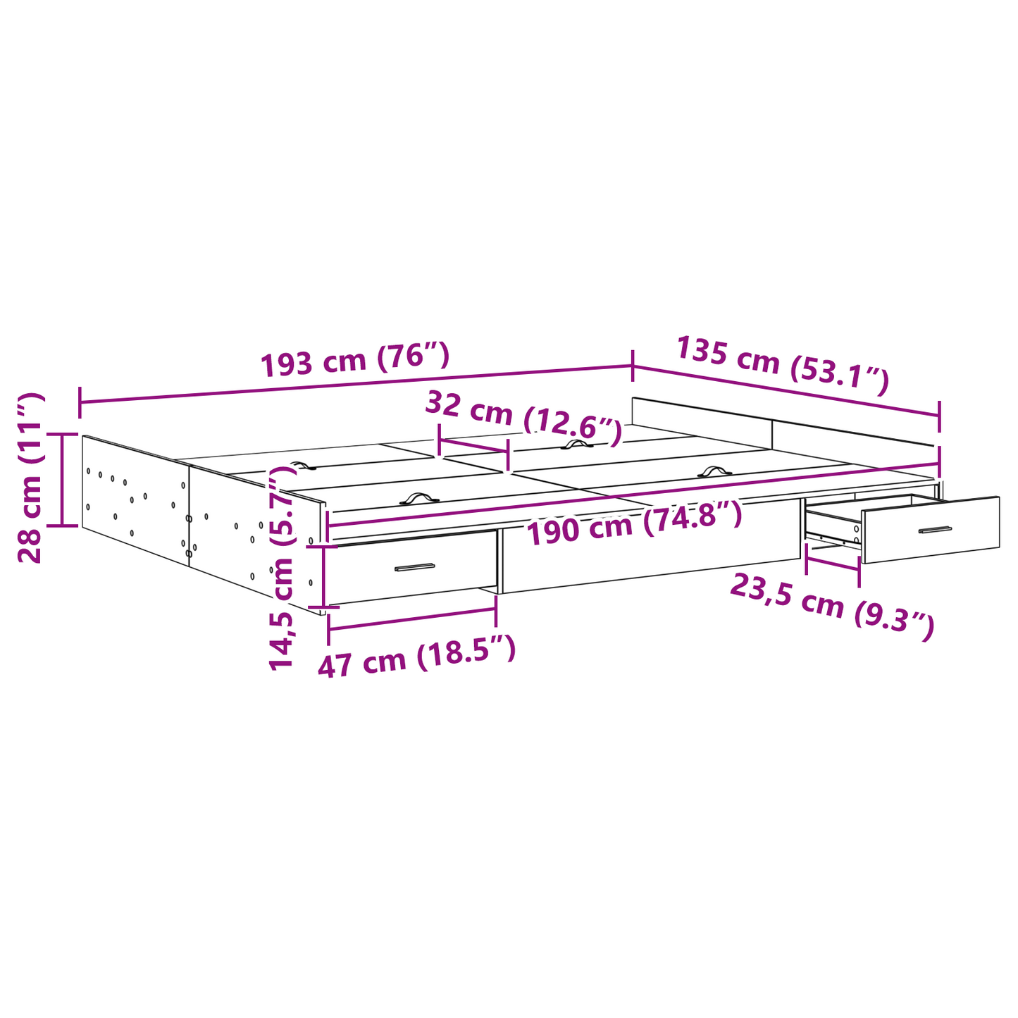 Seng med lagring Sonoma eik 135 x 190 cm Konstruert tre