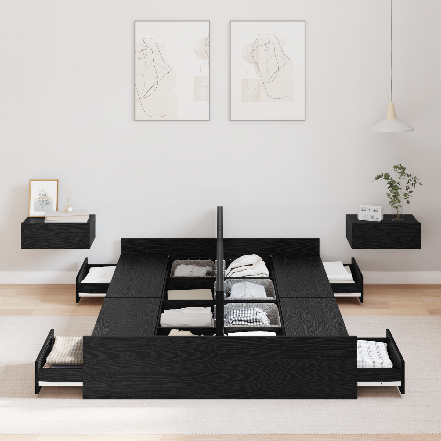Seng med lagring Svart Eik 120 x 190 cm Konstruert tre