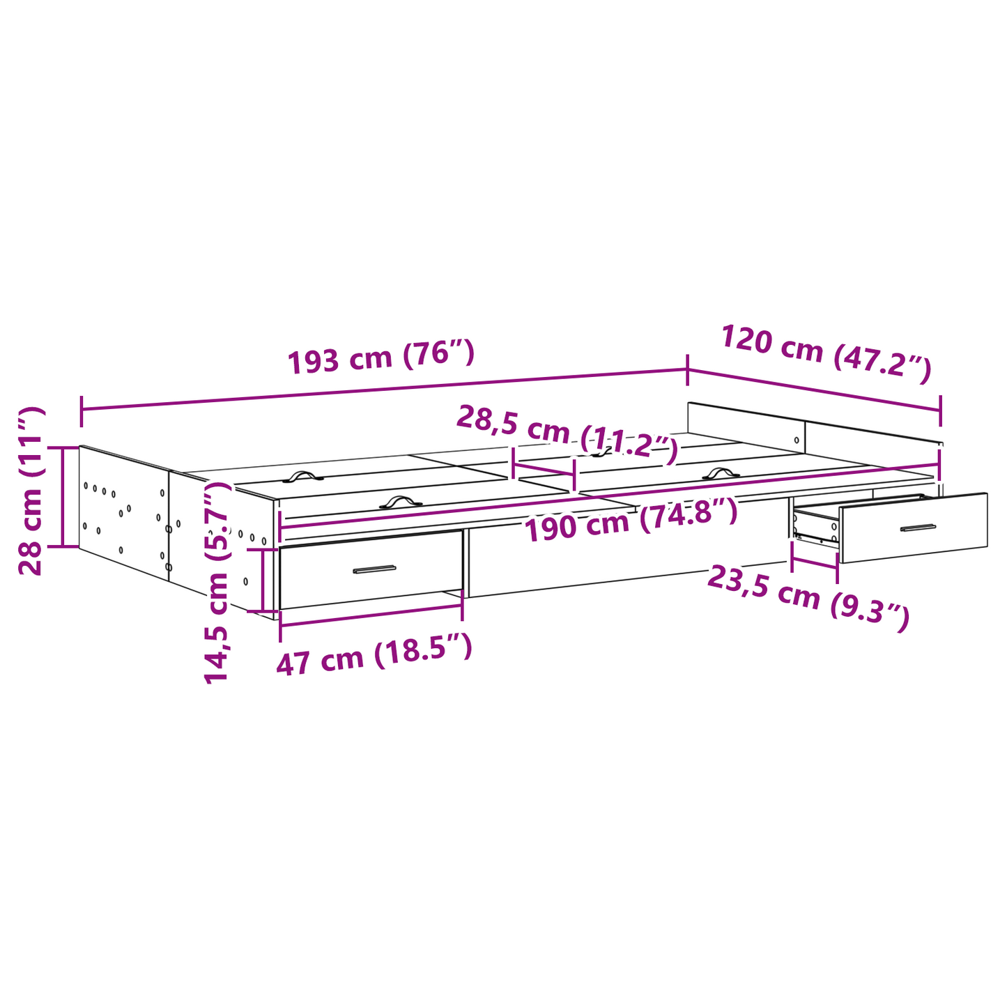 Seng med lagring Svart Eik 120 x 190 cm Konstruert tre