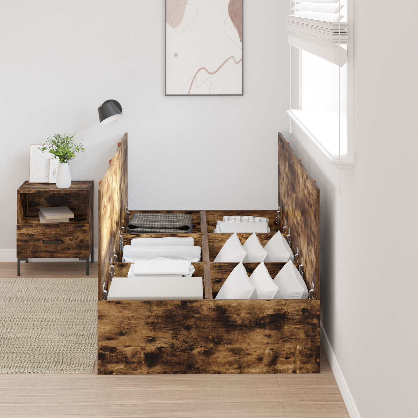 Seng med lagring Røkt eik 90 x 200 cm Konstruert tre