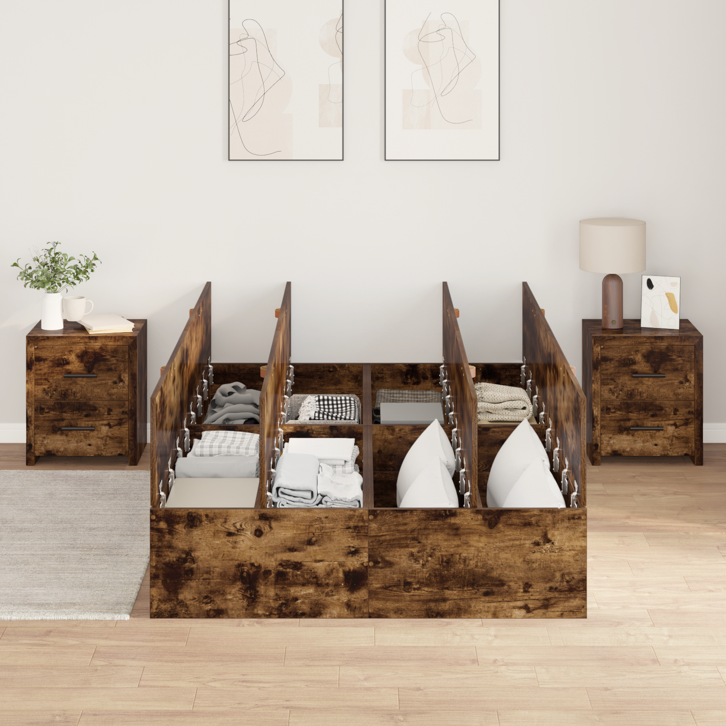 Seng med lagring Røkt eik 120 x 190 cm Konstruert tre