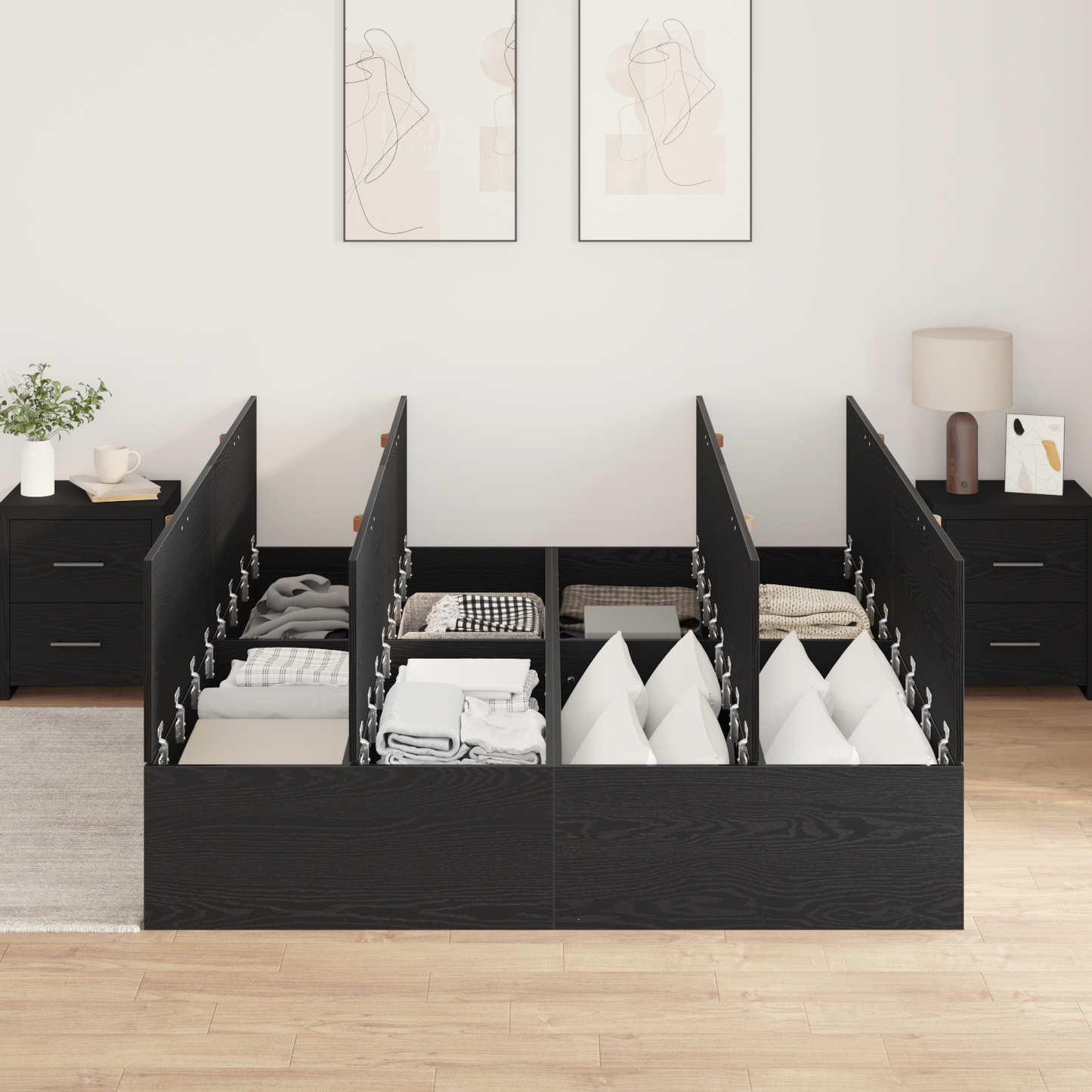 Seng med lagring Svart Eik 140 x 190 cm Konstruert tre