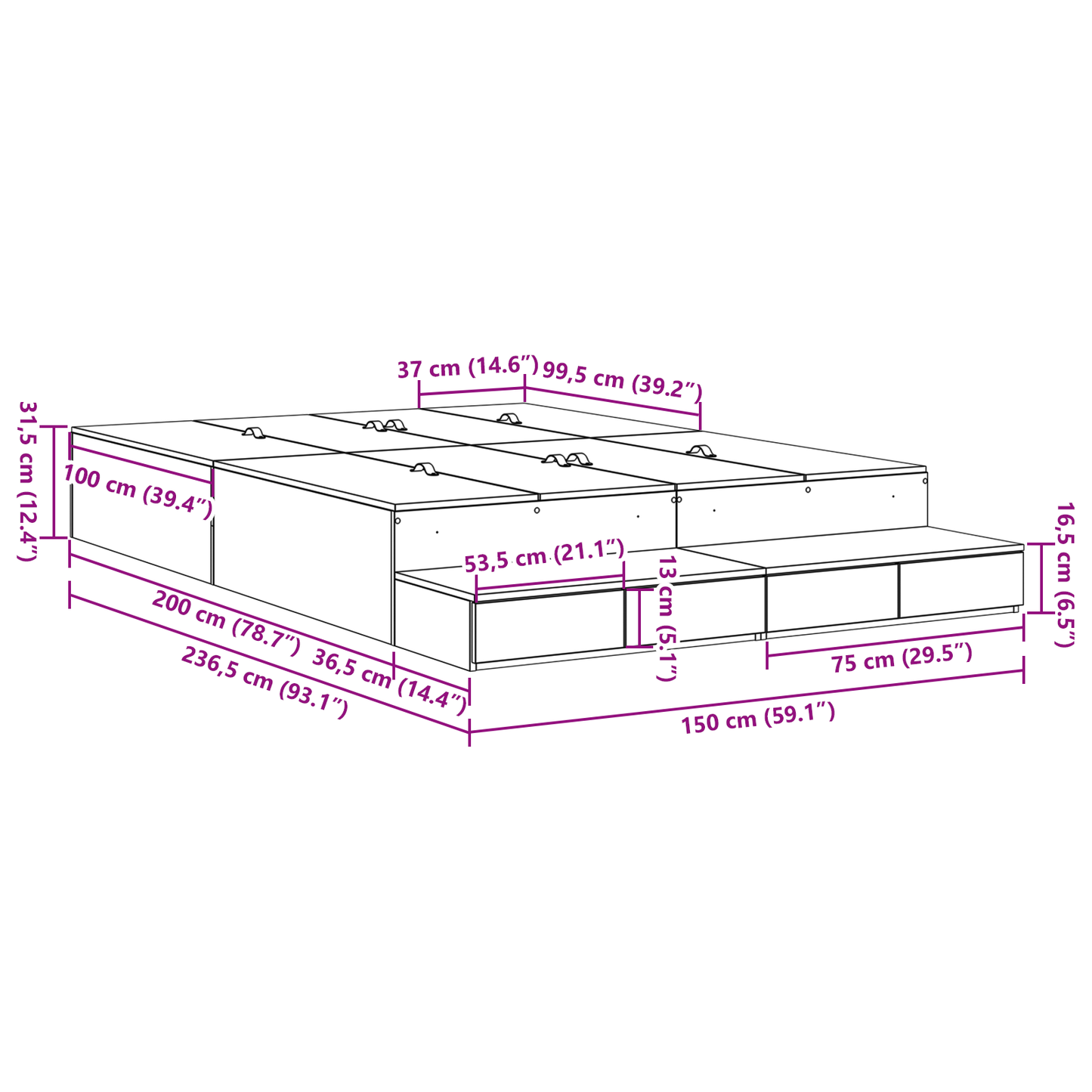 Seng med lagring med skuff Betonggrå 150 cm Konstruert tre