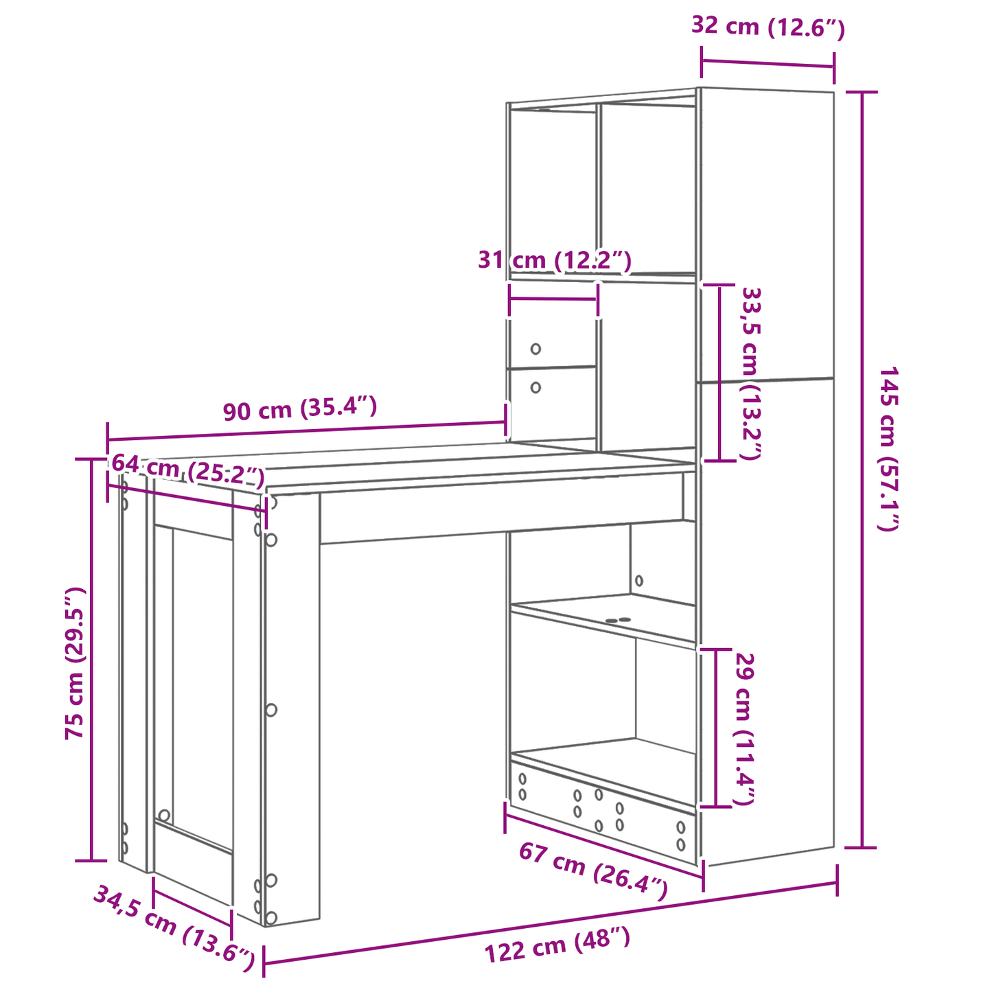 Skrivebord med hylle Betonggrå 122 x 67 x 145 cm Konstruert tre