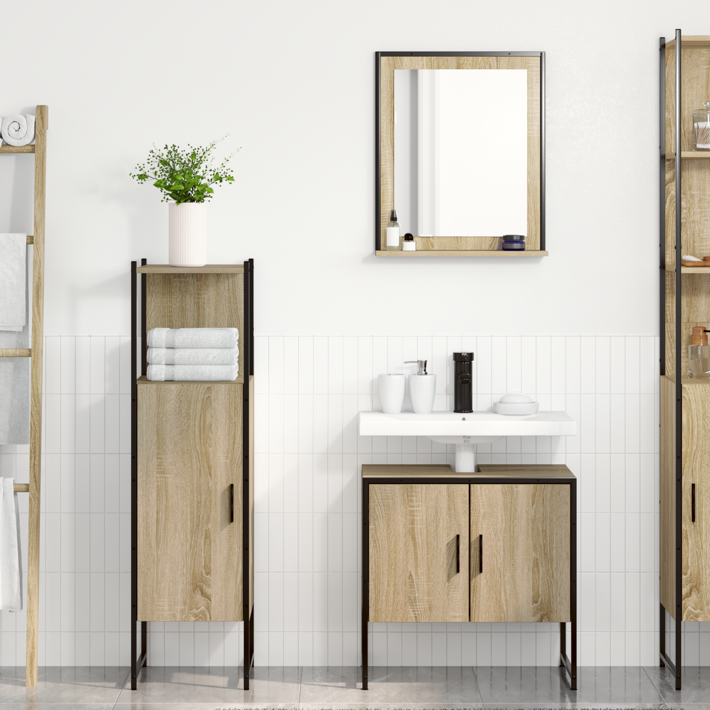 Baderomsinnredningssett med hylle 3 pcs Brun Konstruert tre