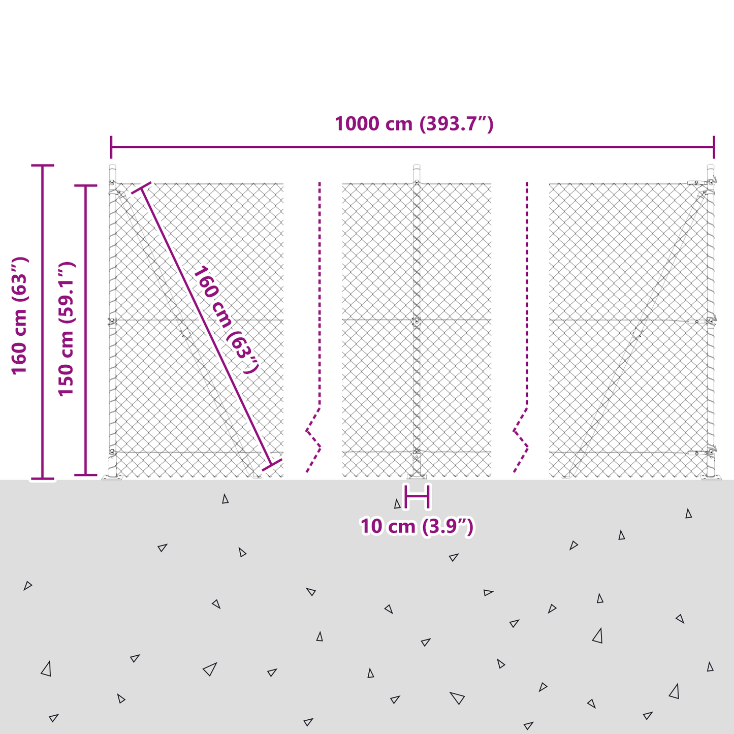 Kjedegjerde med betongbase 10 x 1,5 m PVC-belagt stål Grønn