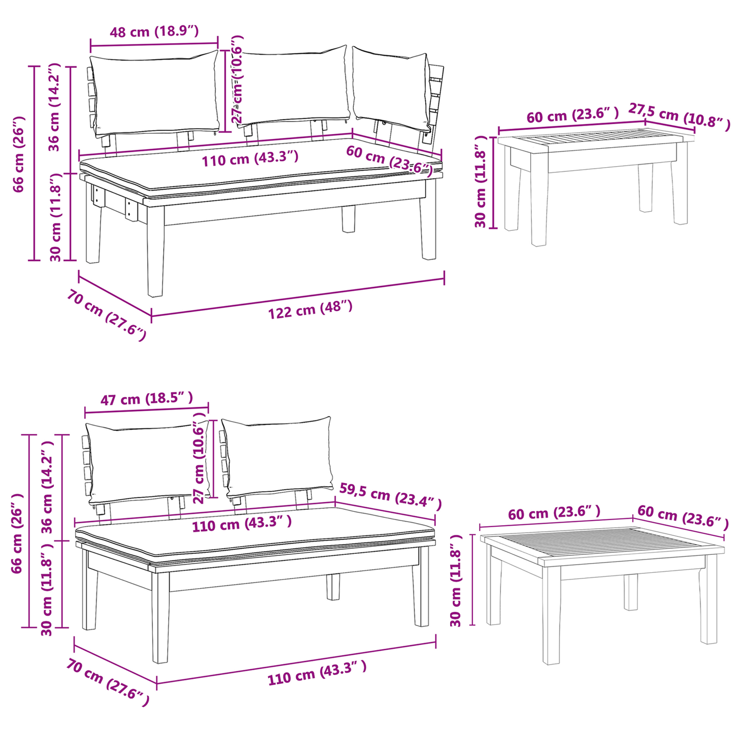 Hagesofa Set 4 pcs Brun og Krem