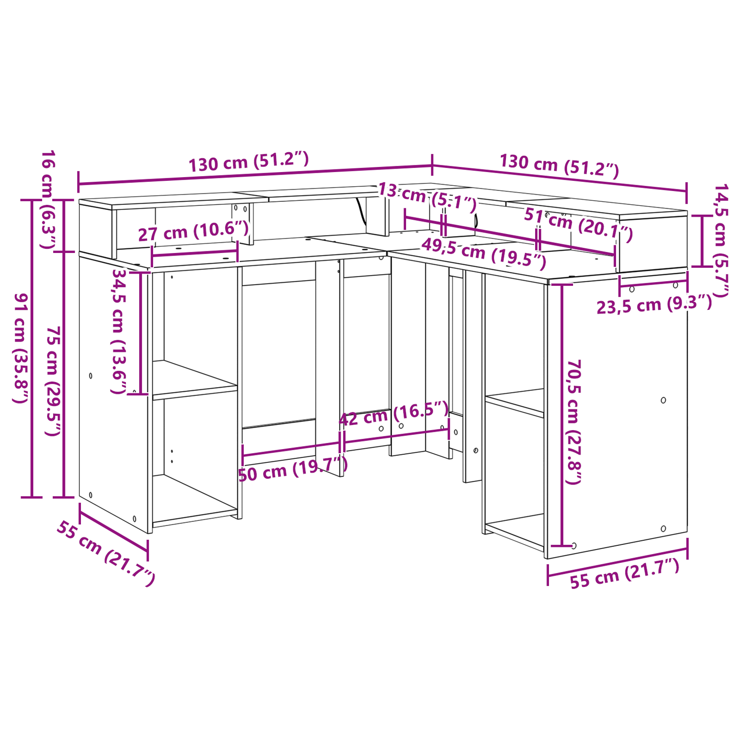 Skrivebord med hylle Svart Eik 130 x 130 x 91 cm Konstruert tre