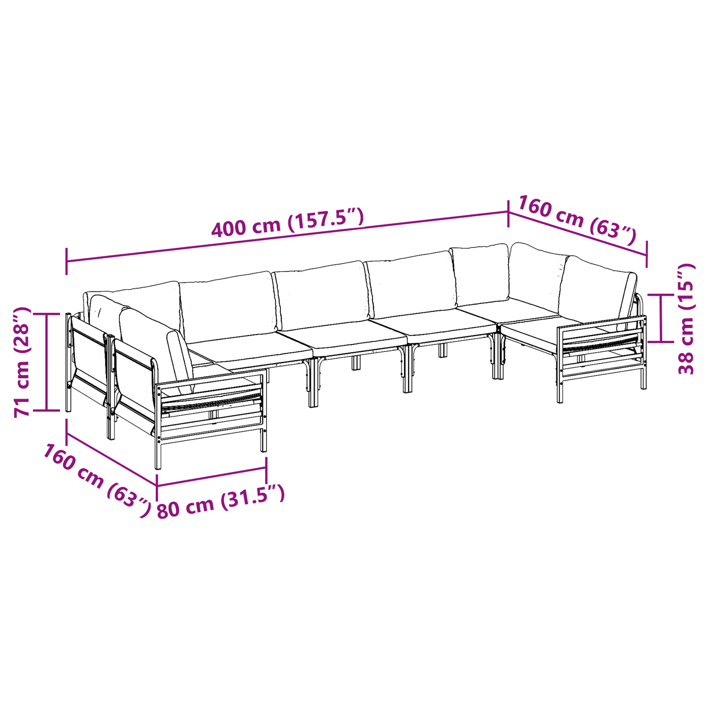 Hagesofa Set med pute 7 pcs Svart Stål