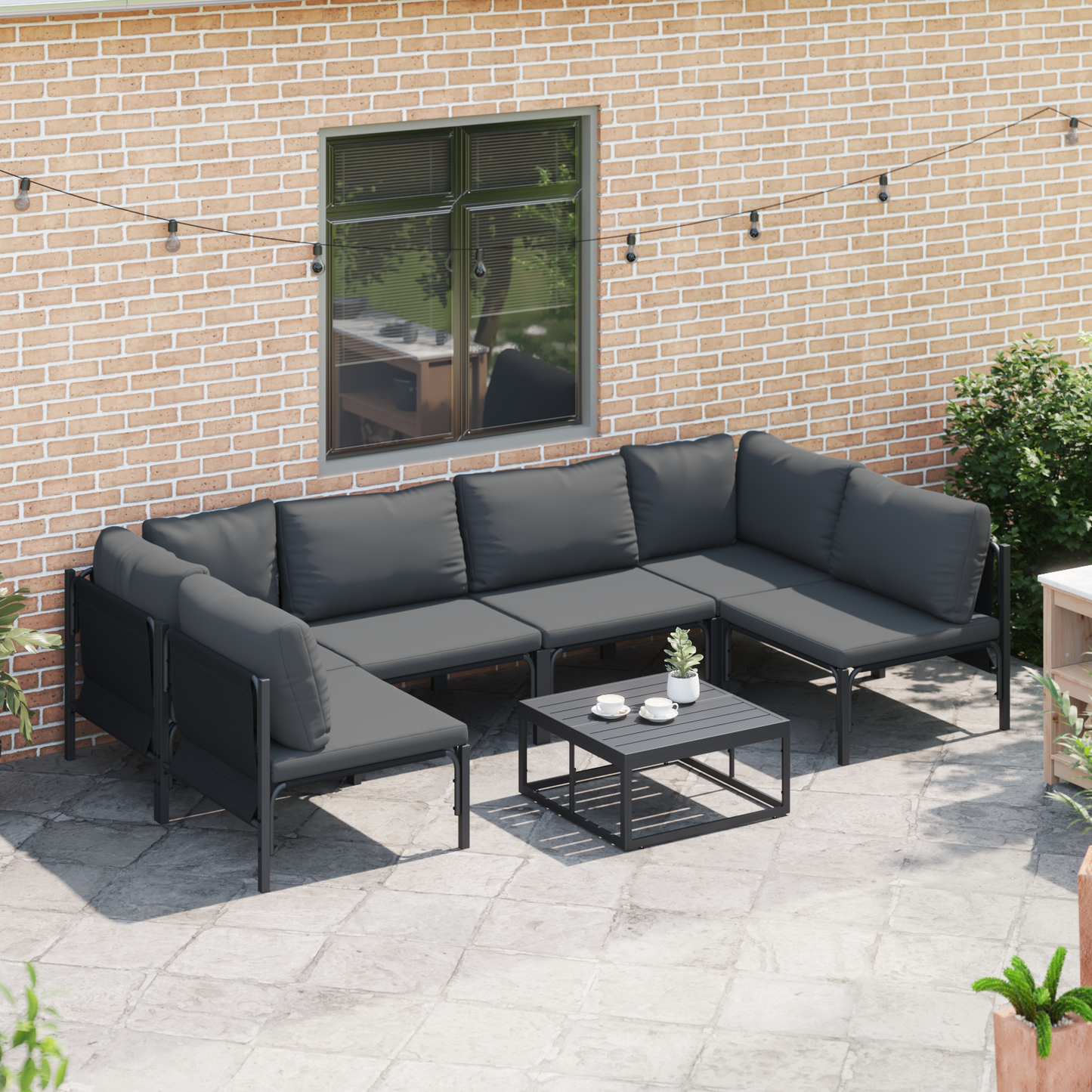 Hagesofa Set med pute 7 pcs Svart Stål