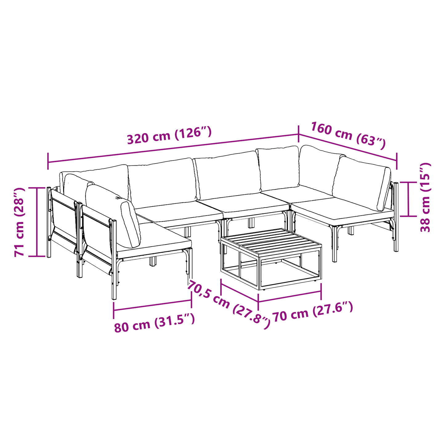 Hagesofa Set med pute 7 pcs Svart Stål