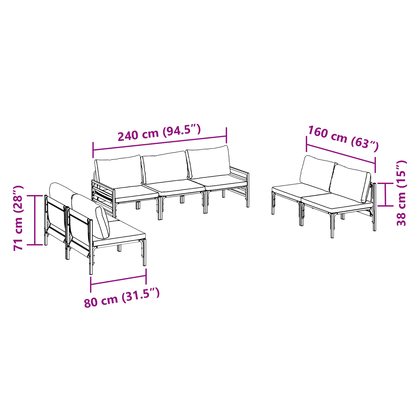Hagesofa Set med pute 7 pcs Svart Stål