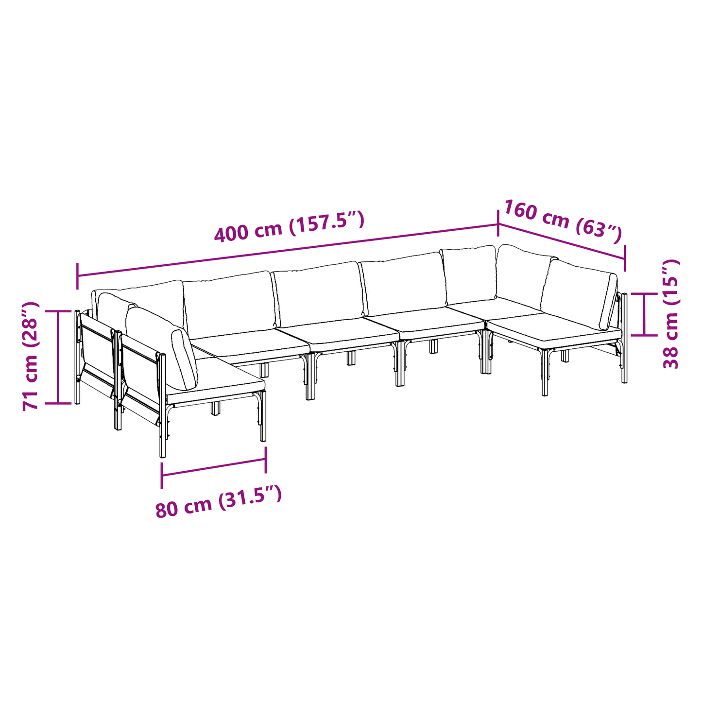 Hagesofa Set med pute 7 pcs Svart Stål